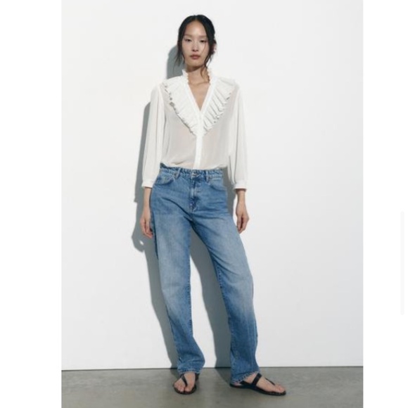 Zara Tops - Zara sheer ruffle white blouse size XS